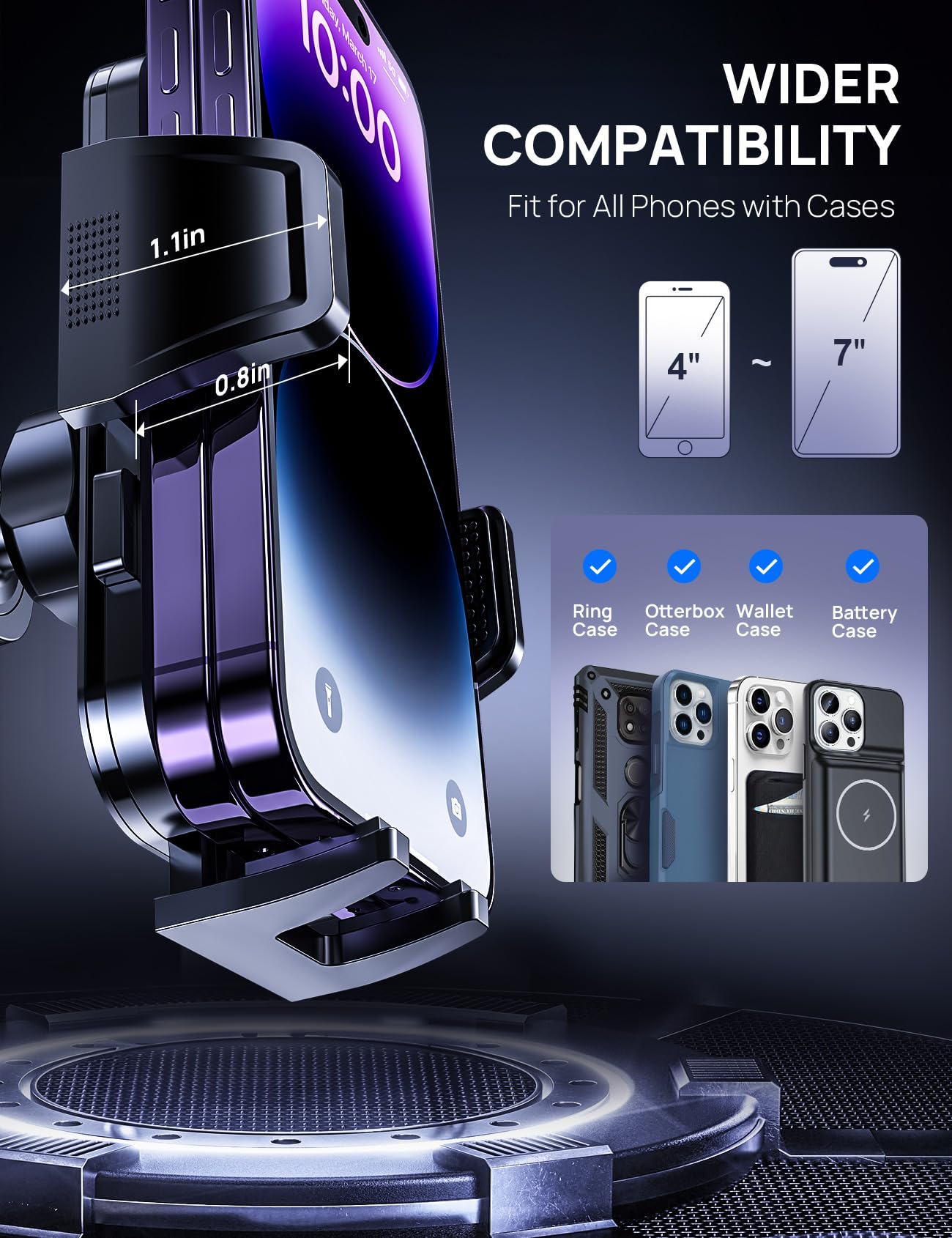Air Vent Car Phone Holder, Adjustable Wide Clamp, Metal Hook, Anti-Shake