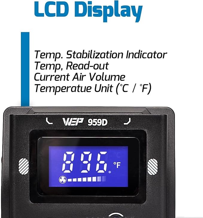WEP 959D Hot Air SMD Soldering Rework Station with Quick-Change Nozzle System, Nozzle Holder, 5 Additional Nozzles, Adjustable Temperature, °C/°F Conversion and Buzzer Prompt