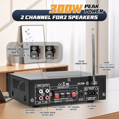 Stereo Audio Amplifier, 300W Home 2 Channel Wireless Bluetooth 5.0 Power Amplifier System, Home Amplifiers FM Radio, USB, SD Card, with Remote Control Home Theater Audio Stereo System