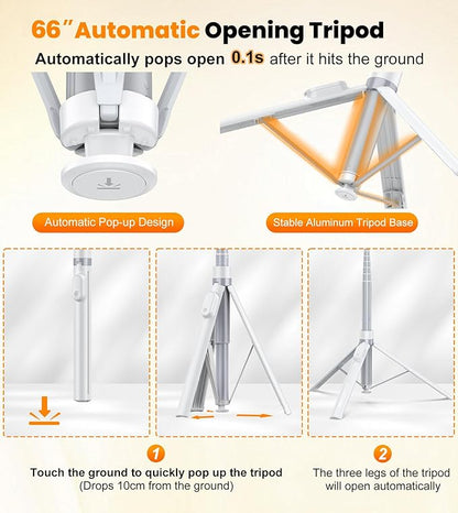 TONEOF 66" Automatic Phone Tripod with Magnetic Rechargable Remote,Selfie Stick 360° Vertical & Horizontal Rotatable,Stable for iPhone/Android((White)