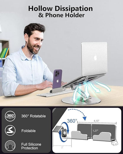 Laptop Stand with Phone Holder, Adjustable Laptop Stand with 360 Rotating Base, Aluminum Computer Mount Holder, Ergonomics Laptop Riser for Desk, Fits MacBook, up to 17.3" All Notebooks Silver