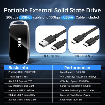 SSK 2TB Portable SSD External Solid State Hard Drive USB3.2 Gen2x2 20Gbps