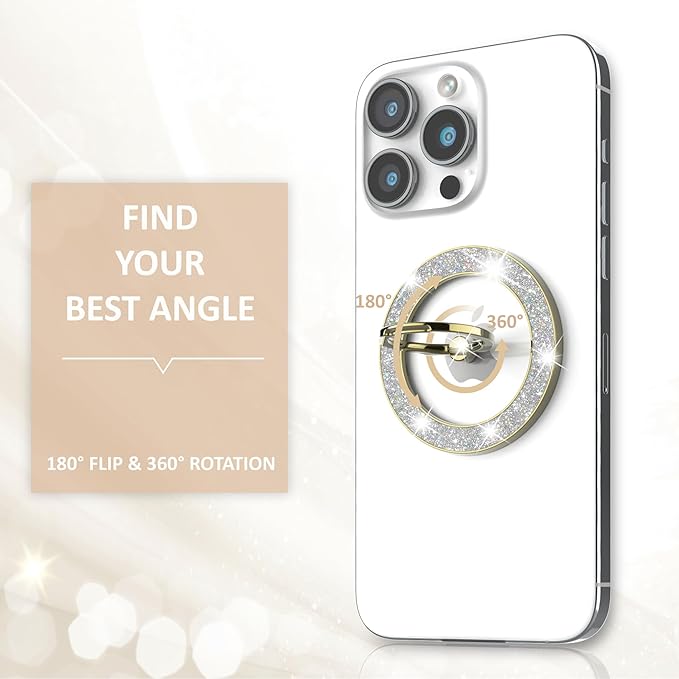 Magnetic Phone Ring Holder for MagSafe, Magnetic Phone Grip for iPhone, Compatible with iPhone MagSafe Wireless Charging. (Glitter Gold)