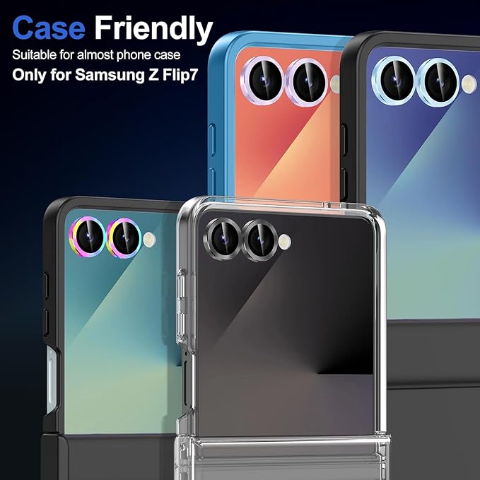 for Samsung Galaxy Z Flip 7 Camera Lens Protector, Individual Metal Ring Tempered Glass Lens Cover, [Strong Adsorption] Scratch Resistant Ultra-Thin HD Clear Lens Cover, 1 Set-Silvery