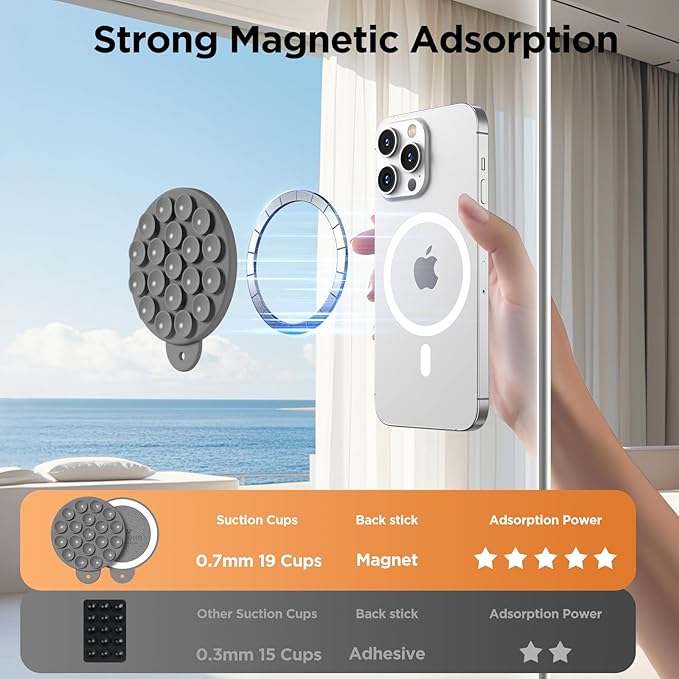 Magnetic Suction Cup Mount for MagSafe Case, Silicone Hands-Free Grip Holder for iPhone and Android, Mirror Shower Phone Stand for Makeup FaceTime Gym Kitchen Bathroom, Gray