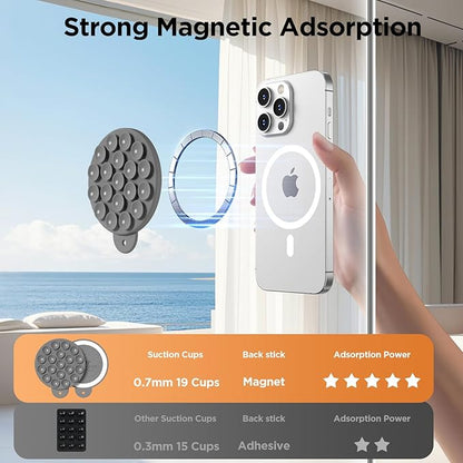 Magnetic Suction Cup Mount for MagSafe Case, Silicone Hands-Free Grip Holder for iPhone and Android, Mirror Shower Phone Stand for Makeup FaceTime Gym Kitchen Bathroom, Gray