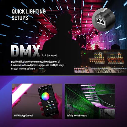 NEEWER TL60 RGB Tube Light, 20W Full Color RGBWW LED Video Lighting Wand Stick for Studio Photography Recording Streaming, APP/2.4G/DMX Control, 7 Pixel Effects 18 Scenes, 2500-10000K CRI97+ TLCI98+