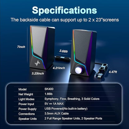 Computer Speakers, PC Speakers with 6 Lighting Modes, USB Powered Computer Speakers for Desktop Monitor with 2 Bass-Boost Ports, 2 Speaker Units, and 3.5mm Aux-in Cable for PC, Laptop, Tablet, Phone