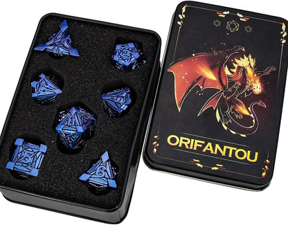 7PCS Metal DND Dice Set with Box, Debris RPG Blue Purple D and D Dice for use with D&D Tabletop Games Role Playing Game Polyhedral Dice Set D20 D12 D10 D8 D6 D4