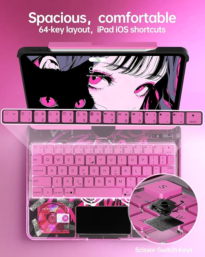 Intermerge Clear iPad A16 11th (2025) & 10th Generation 10.9" Case with Keyboard, 360° Transparent Multi-Touch Trackpad, 7-Color RGB Keyboard, Pencil Holder, Type-C, Power Indicator, Blush Pulse
