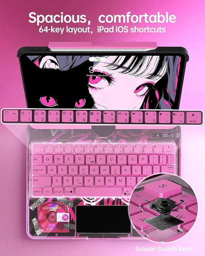 Intermerge Clear Keyboard Case for iPad Air 13" (M3/M2, 2025/2024) & Pro 12.9" (2022-2018) - 360° Rotatable Trackpad, RGB Backlit Keyboard, Pencil Holder, Power Indicator, Type-C, Blush Pulse