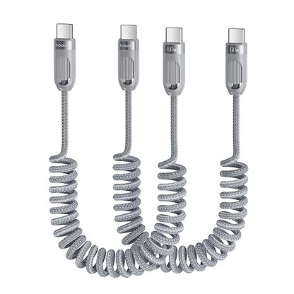 Coiled USB C to USB C Cable 2Pack 3FT Braided Retractable Fast Charging Cable for Car, Compatible with iPhone 16/15 Pro Max/Galaxy S24/S23/S22, Supports Car Play & Android Auto-Grey