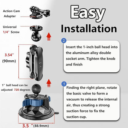 Camera Suction Cup Mount with Ball Head Magic Arm, Twist-Lock Composite Suction Cup Mount on Car Boat Windshield Window with 1/4"-20 Threaded for Action Camera/Camcorder/Phone Holder