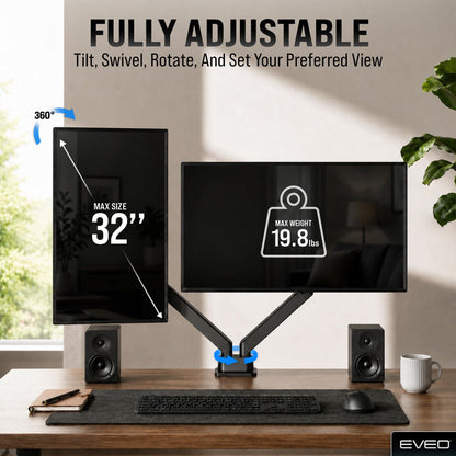EVEO Premium Dual Monitor Mount 14"-32” Dual Monitor Arm VESA Bracket Adjustable Height Gas Spring Dual Monitor Stand, Screen Full Motion Dual Monitor Arm-Computer Monitor Stand for 2 Screens - Black