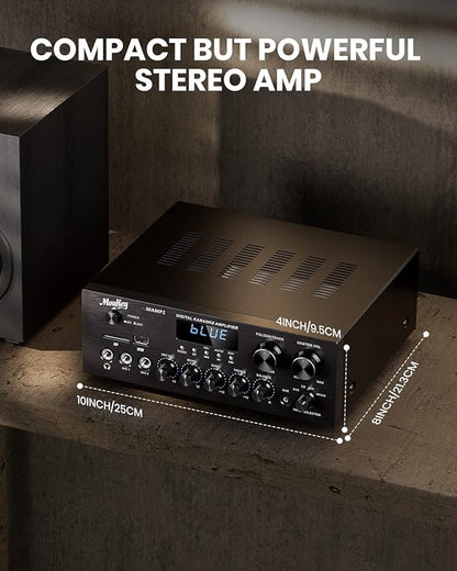 Moukey Stereo Receivers with Bluetooth 5.0, 400W 2.0 Channel Power Audio Amplifier Stereo System w/USB, SD, AUX, RCA, MIC in w/Echo, LED for Karaoke, Home Theater Speakers - MAMP1