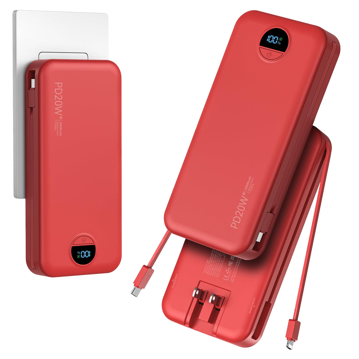 Portable Charger Power Bank 20000mAh with Built in Cables & Wall Plug