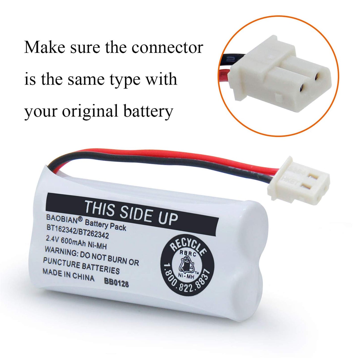 BAOBIAN 2.4V Ni-MH BT162342 BT262342 Battery for BT183342 BT283342 BT166342 BT266342 VTech CS6114 CS6419 CS6719 AT&T EL52300 CL80111 Cordless Phone (2 Pack)