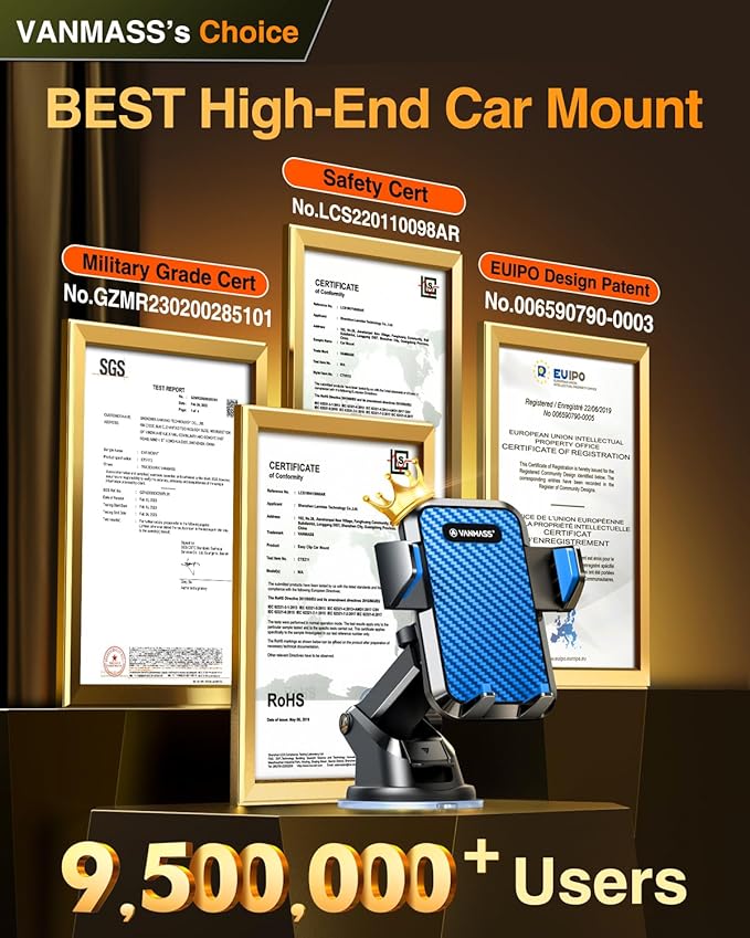 VANMASS Universal Car Phone Mount,【Patent & Safety Certs】 Upgraded Handsfree Stand, Phone Holder for Car Dashboard Windshield Vent, Compatible iPhone 13 12 11 Pro Max Xs XR X 8, Galaxy (Blue)