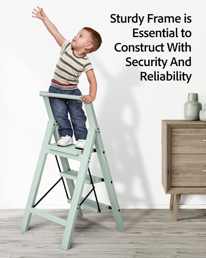 Taranta 3 Step Ladder,Lightweight Aluminum Step Stool with Convenient Handgrip, Folding Ladder with Anti-Slip Pedals, 330lbs Capacity Stepladder for Home, Office, Kitchen-Fairyland Green