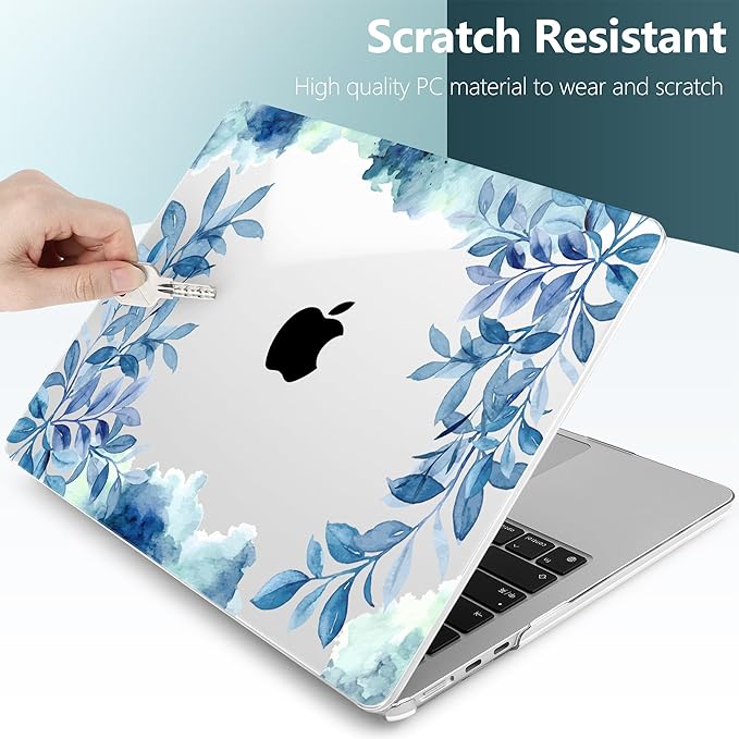 TWOLSKOO for MacBook Air 15 inch Case 2026 2025 2024 2023 Release M5 A3448 M4 A3241 M3 A3114 M2 A2941, Plastic Hard Shell & Screen Protector & Keyboard Cover & Trackpad Film, Blue Floral