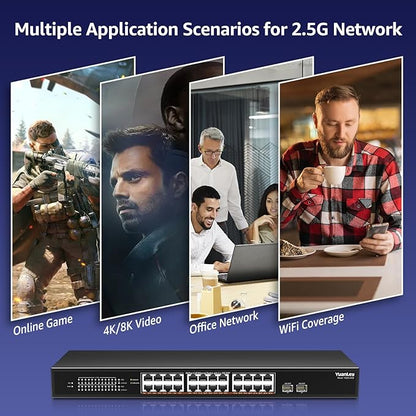 26 Port 2.5G Umanaged Ethernet Switch, 24 x 2.5Gb Base-T Ports, 2 x 10G SFP+, Compatible with 100/1000/2500Mbps, Metal Fanless, Desktop/Rack Mount YuanLey 2.5Gbe Network Switch for Wireless AP, PC