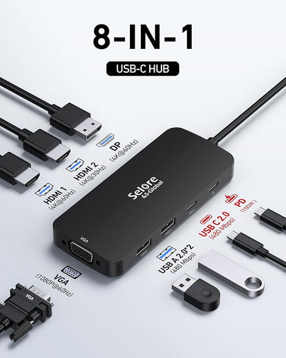 USB C Docking Station Dual HDMI Monitor Adapter, Selore USB C Hub 3 Monitors with Dual HDMI, Displayport, VGA, 100W PD Charging, 3USB 2.0 Ports Adapter for Dell XPS,HP, Lenovo,etc(Black)