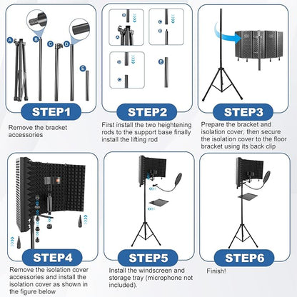 Studio Microphone Stand with Isolation Shield & Pop Filter,5-Sided Tri-Layer microphone isolation shield,Studio Boom Arm Tripod for Crystal Clear Recording,Podcasting,Streaming,Home Studio Equipment