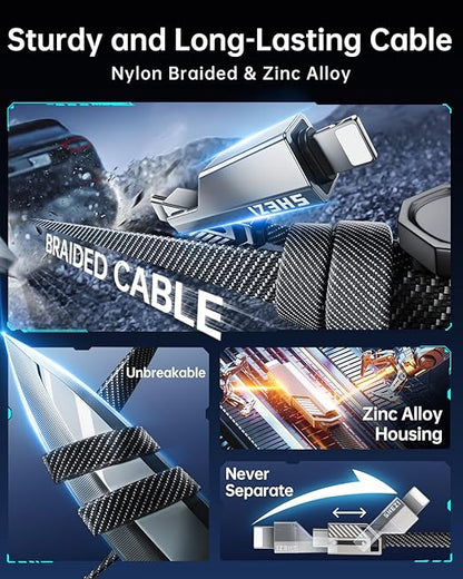 SHEZI [Upgraded 2.0] 4-in-1 USB C Cable 240W 5FT [Fast Charging & Data Sync] Flat Nylon Braided Multi Charger Cord Wire Combo with L/USB C/A Port for iPhone/iPad & All Devices