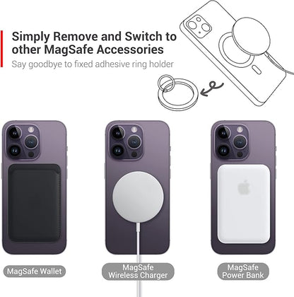PROfezzion Thin Metal Ring Holder for MagSafe, Removable Strongest Magnetic Phone Grip for iPhone 16 15 14 13 12 Pro Max Plus with Mag-Safe Case [Not for Regular Case] [MagSafe Car Mount Compatible]