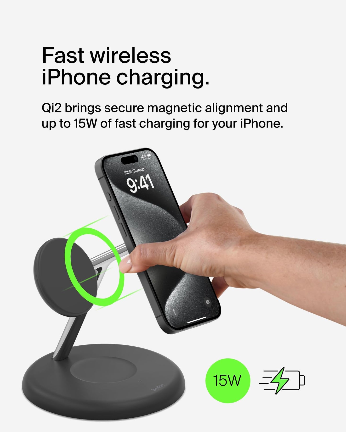 Belkin Qi2 15W Magnetic Wireless Charging Stand, 3 in 1 Fast Charger