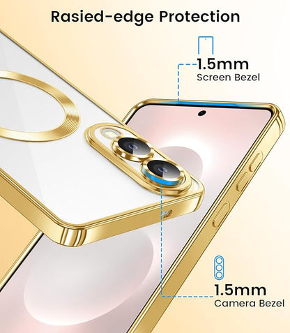 Slim Thin for Samsung Galaxy S25 Edge Case, Compatible with MagSafe, Built-in Camera Lens Protector, Shockproof Protective Phone Case, Soft Electroplated Clear Cover, Gold