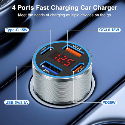 USB C Fast Car Charger, 2Pack 4-Port Fast Charging Car Charger with Voltage Display, Type C Car Chargers for Multiple Devices,USBC Phone Adapter for iPhone 16e 16 15 Pro Max,Galaxy,iPad,Pixel,Android