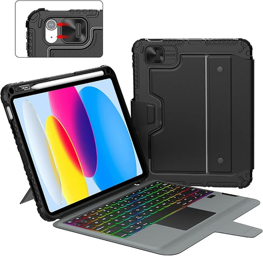 Nillkin Protective iPad A16 11th 10th Gen Case with Keyboard, Portrait/Landscape Modes, Detachable Backlit Keyboard with Larger Trackpad, Camera Cover& Pencil Holder for iPad 11th 2025/10th 2022 10.9"