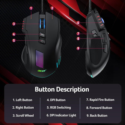 Acer Wired Gaming Mouse, 12,800 DPI RGB Ergonomic Computer Mouse for PC