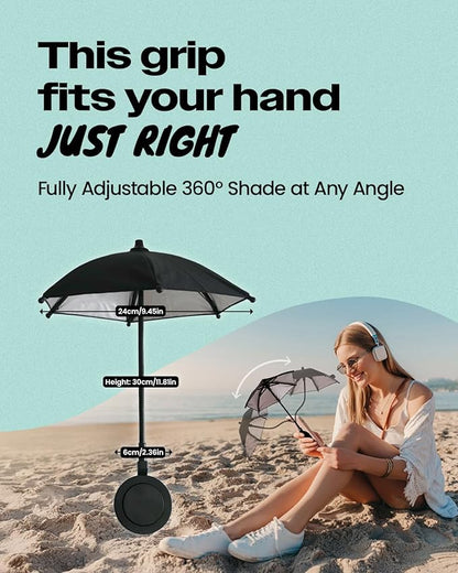 3 in 1 Magnetic Umbrella Sunshade Collapsible Expandable Phone Grip & Stand - Elegant Magsafe Compatible Phone Holder for Secure Grip and Hands-Free Viewing (Black)