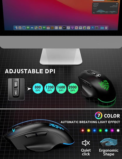 Wireless Keyboard and Mouse Backlits, Wrist Rest, LED Mouse, Rechargeable Ergonomic Keyboard with Phone Holder, Silent Light Up Combo for Computer, Mac, PC, Laptop, Chromebook (Black Large Print)