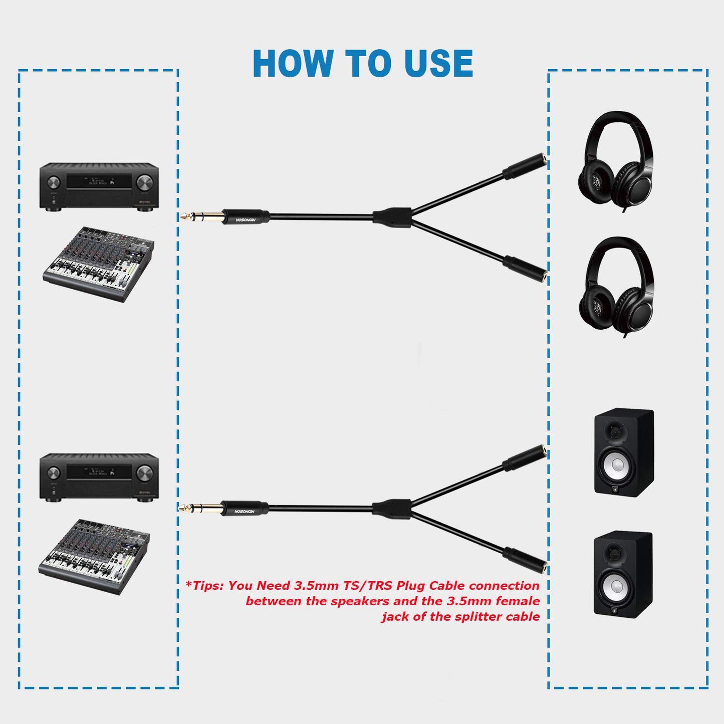 HOSONGIN 1/4 inch TRS to Dual 3.5mm Female Y Cable, 1.5ft, Black Copper Wire & Gold Plated Connectors, Compatible with Headphones