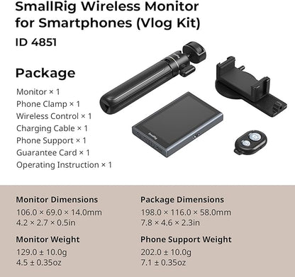 SmallRig Phone Vlog Selfie Monitor Screen for iPhone for Huawei for S24/S25, w/Magnetic Phone Holder Clip Mount & Wireless Remote, Sync Rear Camera for Selfie Vlog Live Stream Phone Filmmaking - 4851
