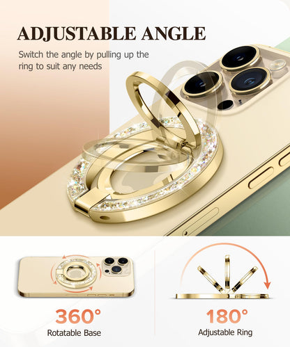 GVIEWIN Magnetic Phone Ring Holder, Compatible with MagSafe Phone Grip with Adjustable Stand, Magnet Phone Ring Kickstand for iPhone 17/16/15/14/13/12 Pro Max Plus Air/Other Phones (Glitter/Gold)