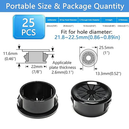 25 Pcs Cable Grommet, Snap Bushing 7/8" (22 mm) Mounting Diameter, Flexible Petal-Shaped Buckle Round Nylon Desk Grommet for Wires Through Countertop Cord Organizer and Protection, Black