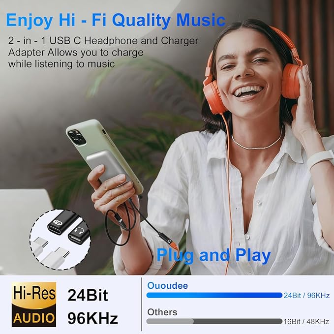 USB-C Headphone and Charger Adapter,2in1 USB C Splitter Dongle Cable with 60W Fast Charging Audio Adapter for iPhone 17 Pro Max 16e 16 Pro 15 Plus Samsung Galaxy A17 A16 A15 A36 A56 A55 S25 FE S24 S22