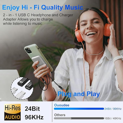 USB-C Headphone and Charger Adapter,2in1 USB C Splitter Dongle Cable with 60W Fast Charging Audio Adapter for iPhone 17 Pro Max 16e 16 Pro 15 Plus Samsung Galaxy A17 A16 A15 A36 A56 A55 S25 FE S24 S22