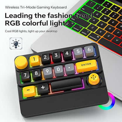 Adventurers W909 Wireless RGB Mechanical Numeric Keypad, Hot-Swappable, Macro-Programmable Numpad, Joystick & Knob Control for PC/Tablet/Laptop/Phone, Tri-Mode Connectivity (Yellow on Black)