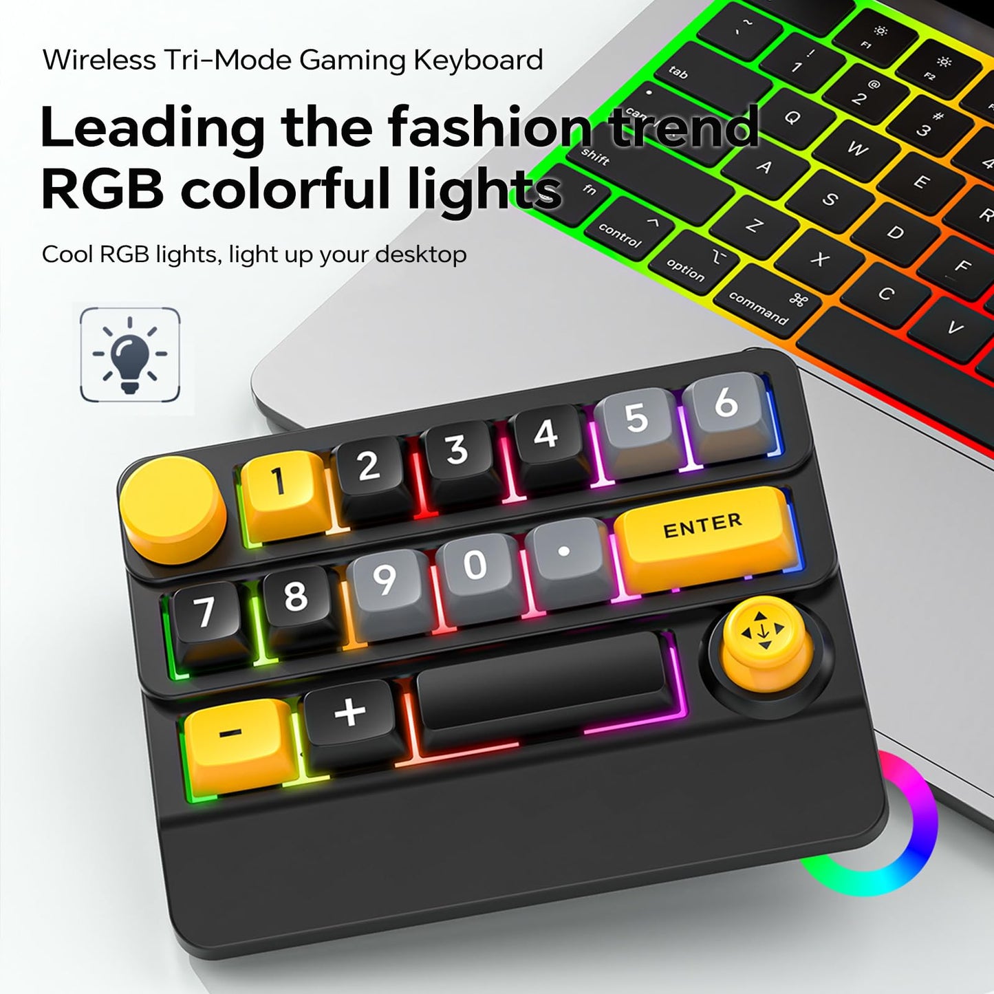 Adventurers W909 Wireless RGB Mechanical Numeric Keypad, Hot-Swappable, Macro-Programmable Numpad, Joystick & Knob Control for PC/Tablet/Laptop/Phone, Tri-Mode Connectivity (Yellow on Black)