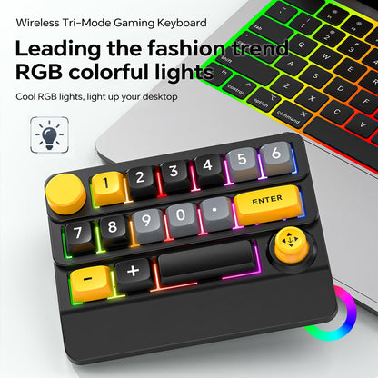 Adventurers W909 Wireless RGB Mechanical Numeric Keypad, Hot-Swappable, Macro-Programmable Numpad, Joystick & Knob Control for PC/Tablet/Laptop/Phone, Tri-Mode Connectivity (Yellow on Black)