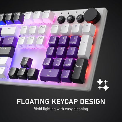 iRocks K74R Wireless RGB Illuminated Mechanical Gaming Keyboard, Hot-Swappable Switches, Floating Design, PBT 107 Keys NKRO, Detachable USB-C Cable - White Amethyst (Brown Switches)