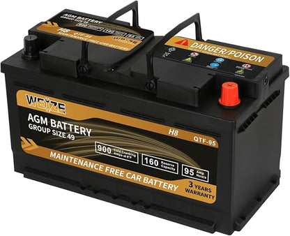 Weize Platinum AGM Battery BCI Group 49-12v 95ah H8 Size 49 Automotive Battery, 160RC, 900CCA, 36 Months Warranty, Dimensions 13.9" L x 6.89" W x 7.48" H