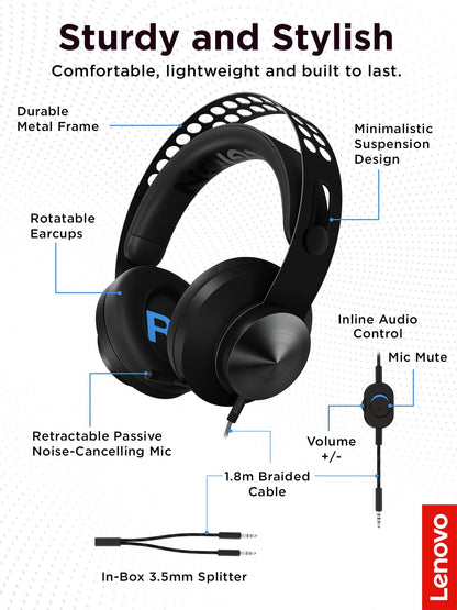 Lenovo Legion H300 Stereo Gaming Headset, Noise-Cancelling Mic, Memory Foam & PU Leather Earcups, Stainless Steel Headband, PC, PS4, Xbox One, Nintendo Switch, Mac, GXD0T69863, Black