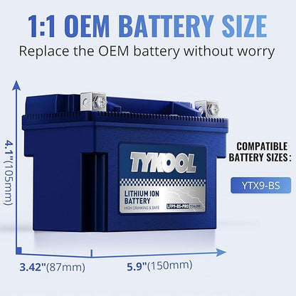 TYKOOL YTX9-BS-PRO,3X Cranking Amps,5X Life, Lithium LiFePO4 Motorcycle Battery,300 CCA,Powersports Battery,Fits for ATV,UTV,Scooter,Riding Lawn Mower,Honda eu3000is,400ex,Predator Generator