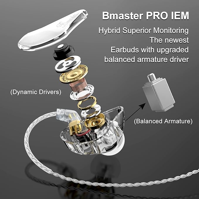 BASN Bmaster Triple Driver in-Ear Monitors Headphones with Powerful Deep Bass, HiFi Stereo IEM Earphones with Upgraded Detachable 2-Pin Cables for Musicians (White/Black, 2-Pin)